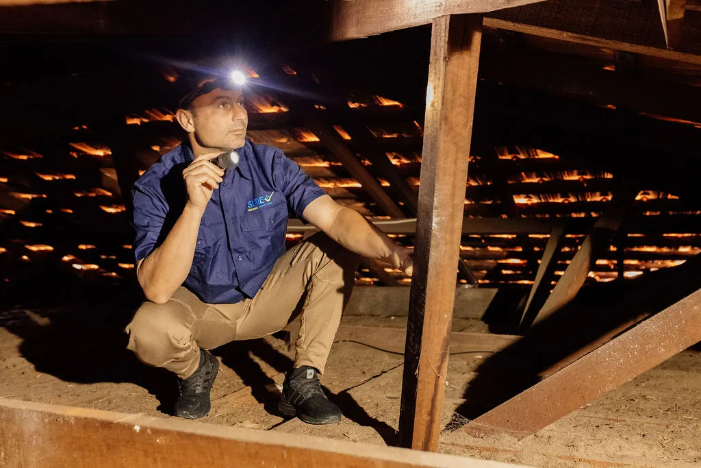 Anthony Capasso inspecting timber framing inside a roof space